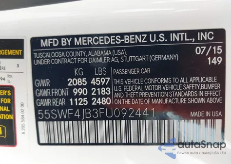2015 Mercedes-Benz C 300 Luxury/Sport from USA, damaged, VIN 55SWF4JB3FU092441